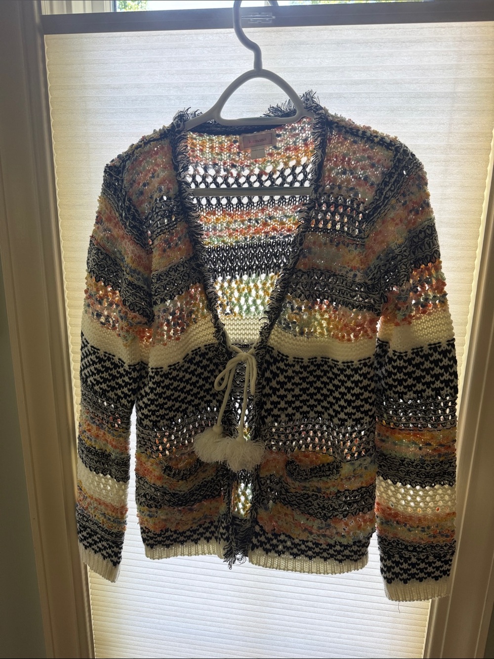 Open-Knit Pom-Tie Cardigan Sweater in Cream & Black